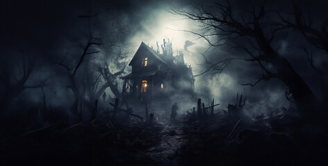halloween background with bats, house with evil inhabitants ethere - obrazy, fototapety, plakaty