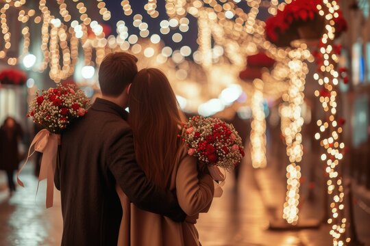 A romantic Valentine's Day moment on a city street, surprises his partner with a bouquet of red roses, joyful elegant the festive atmosphere created by the glowing street decorations above. Ai generat