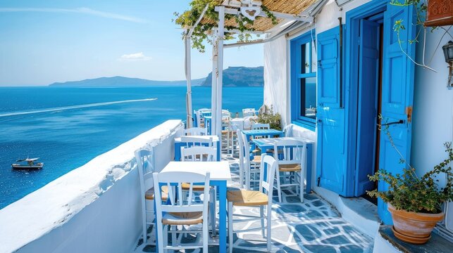Fototapeta Greek culture with traditional white and blue greek architecture, taverna by the sea