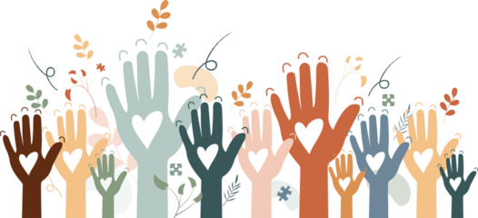 Raised hands. Volunteering, teamwork concert.