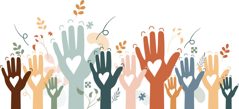 Raised hands. Volunteering, teamwork concert.