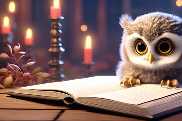 A cute baby owl studying with a textbook. Generative AI