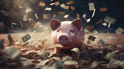 大金に喜ぶ豚の貯金箱 - obrazy, fototapety, plakaty
