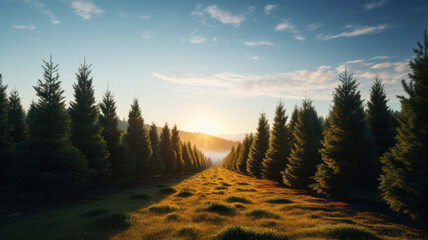 path as firebreak in pine forest at sunset. ecology and nature care - obrazy, fototapety, plakaty