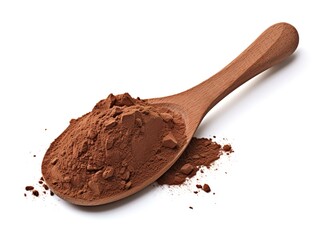 Chocolate powder on a wooden spoon isolated on white Background. generative AI
