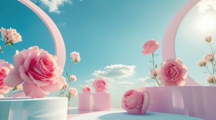A dreamy Valentine's Day scene with a soft pink pedestal surrounded by lush pink roses under a serene sky painted with gentle clouds. The roses lay elegantly, ready for a product showcase. Ai generate