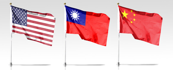 The Taiwanese flag and the American flag and the Chinese flag flutter in the wind. Isolated on white background. Basemap and background concept. For news or layout design