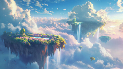 Fantasy blooming island gardens in the sky
