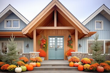 wooden gabled entry with autumn pumpkins - obrazy, fototapety, plakaty