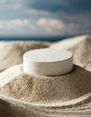 Obraz na płótnie Canvas Sea sand display with empty podium for product