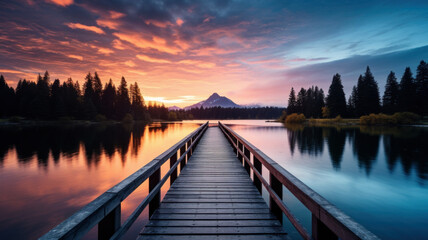 amazing landscape of wooden pier on lake with mountain at sunset