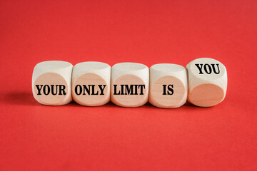 Your only limit is you symbol. Wooden cubes form the expression Your only limit is you. Beautiful red background. Business concept. Copy space.