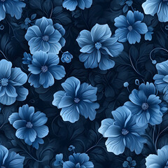 Seamless pattern blue flowers on dark blue background illustration