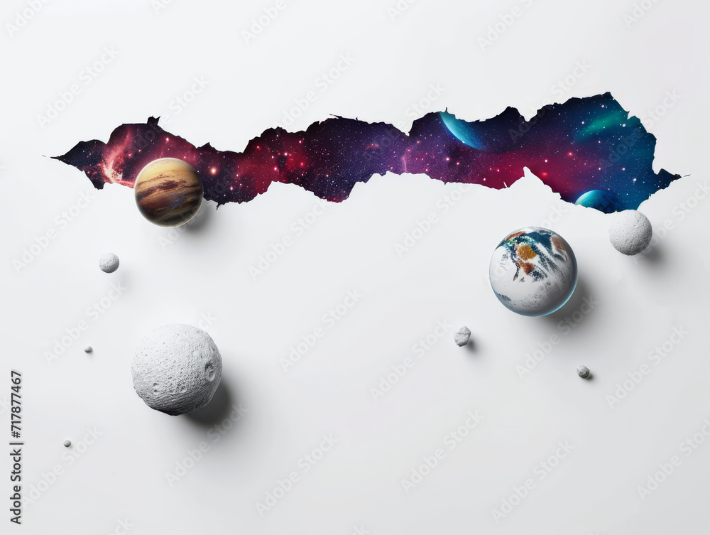 Sticker Artistic rendition of planets breaking through a space backdrop. Torn wallpaper on white background.