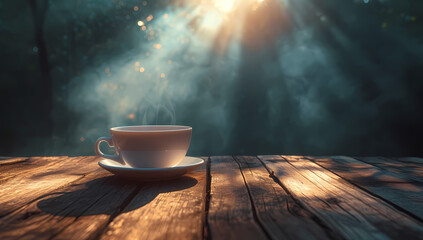 As the warm morning sun cast a gentle flare through the trees, a delicate teacup sat atop a wooden table, its rich aroma of coffee filling the outdoor air - obrazy, fototapety, plakaty