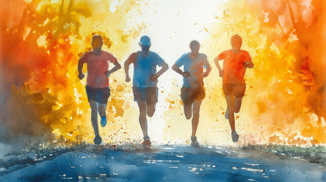 Sportsmen dressed on sportive clothes are running outdoors. Sport concept. Selective focus. Colourful background. Watercolour illustration.