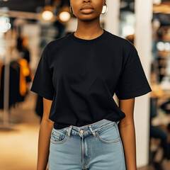 Obraz na płótnie Canvas Black T-shirt Mockup, Black Woman, Girl, Female, Model, Wearing a Black Tee Shirt and Blue Jeans, Oversized Blank Shirt Template, Standing in a Clothing Store, Close-up View