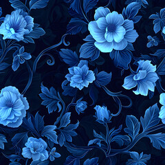 Blue flowers seamless pattern on dark blue background