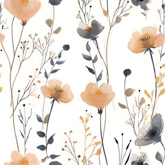 Beige watercolor flowers seamless pattern with illustration