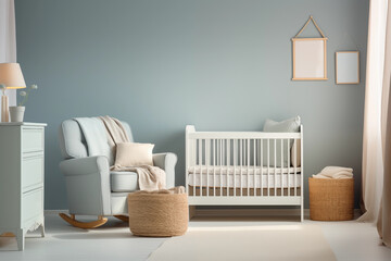 Nursery interior. Bed, cradle, chair, toys. Children's bedroom