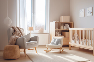 Nursery interior. Bed, cradle, chair, toys. Children's bedroom