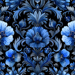 Seamless pattern blue flowers on black background illustration