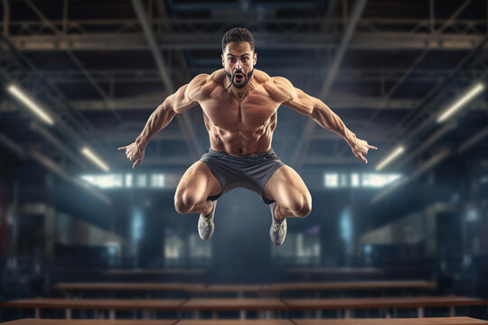 Young dedicated active muscular fit man jumping in a hall.