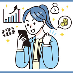 スマホで資産運用をする会社員 女性 OL