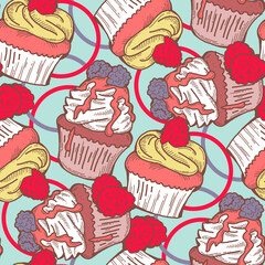 Tasty sweet cupcake dessert decorative seamless pattern for textile design, fabric print, digital or wrapping paper, wallpaper, background and backdrop, bakery shop decoration, cafe, restaurant menu.