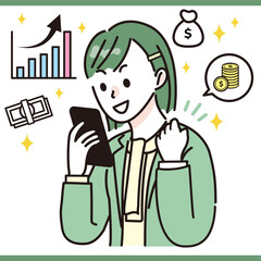 スマホで資産運用をする会社員 女性 OL
