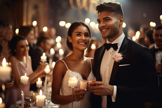 Beautiful multiethnic bride and groom celebrating their wedding at an evening reception, proposing a toast to a happy marriage, surrounded by their guests.