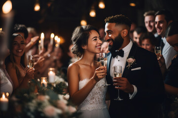 Beautiful multiethnic mix race bride and groom celebrating their wedding at an evening reception, proposing a toast to a happy marriage, surrounded by their guests. - obrazy, fototapety, plakaty