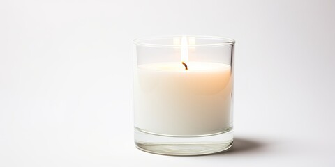 Transparent glass with a white candle, displayed on a white background, representing a sample or model.