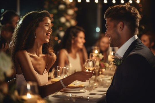 Beautiful young couple, sitting at table as guests on weeding ceremony, toasting wine and enjoying beautiful evening during celebration. - Powered by Adobe
