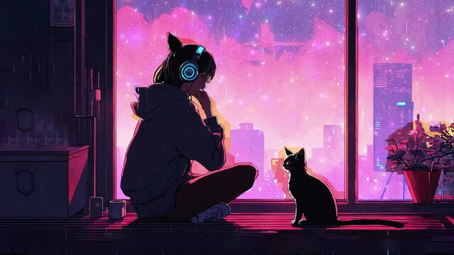  anime girl with headphone and cat are sitting in front of the window in cyberpunk city on rainy night day. Girl listening the music at night. Abstract futuristic cyberspace. Neon lights