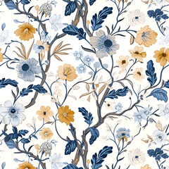 Beige blue seamless pattern watercolor flowers illustration
