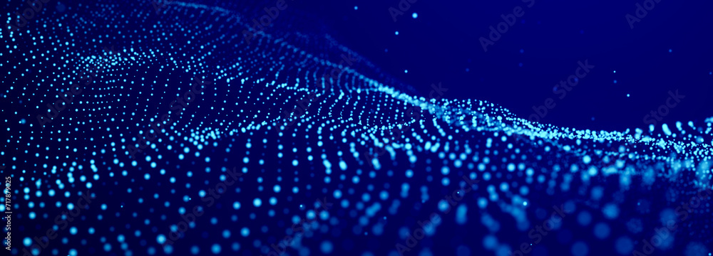 Poster abstract wave of many glowing particles. network of neon dots. big data. digital background. 3d rend