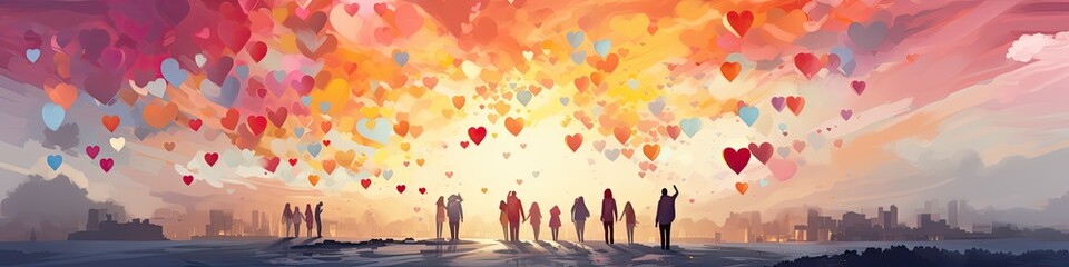 Painting of people in love reaching for the sky and hearts