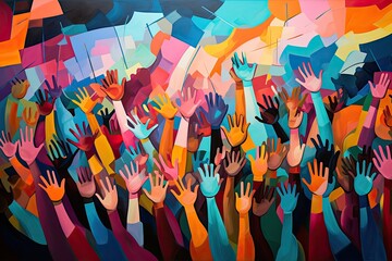 People's hands are raised at the crowd of happy people.