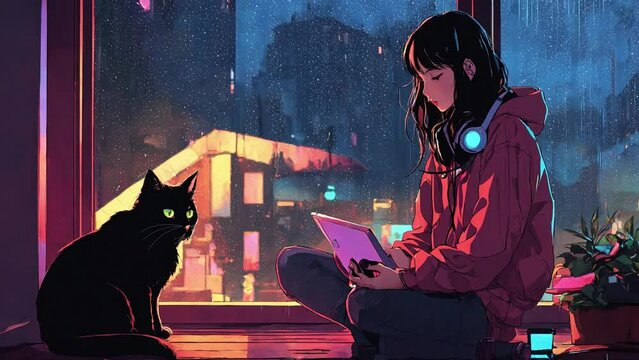  anime girl with headphone and cat are sitting in front of the window in cyberpunk city on rainy night day. Girl listening the music at night. Abstract futuristic cyberspace. Neon lights