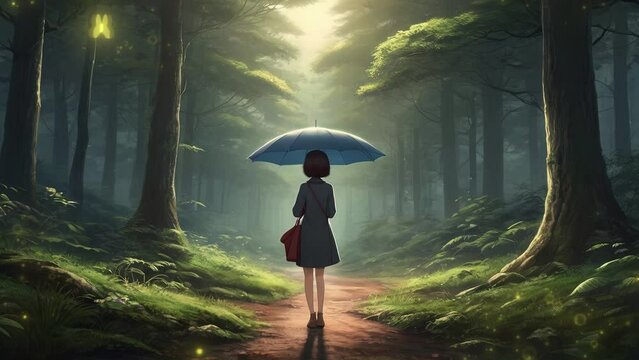 Lonely anime style girl holding umbrella and standing, walking in the forest by the roadside in the rain, back view. Relaxing atmosphere, jazz, coffee, music, animated desktop wallpaper background. 