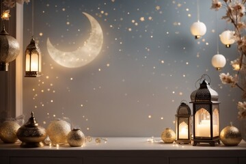 ramadan greeting card of crescent moon with copy space area banner