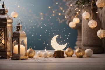 ramadan greeting card of crescent moon decoration and lanterns with copy space area banner