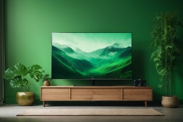 Smart TV for blank empty mockup blue screen on cabinet in modern living room, 3d illustration and matte painting