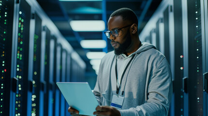 focused man in a hoodie and glasses using a laptop in a server room