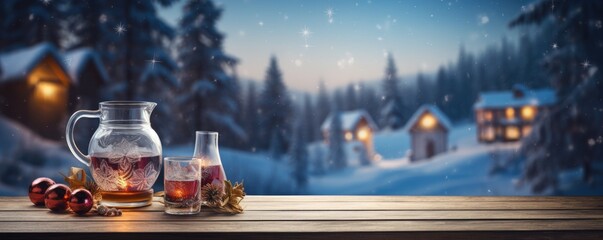 Mulled wine in a glass around a table on snowy winter background.