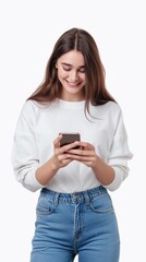 Fototapeta premium young happy woman with mobile phone isolated on transparent background