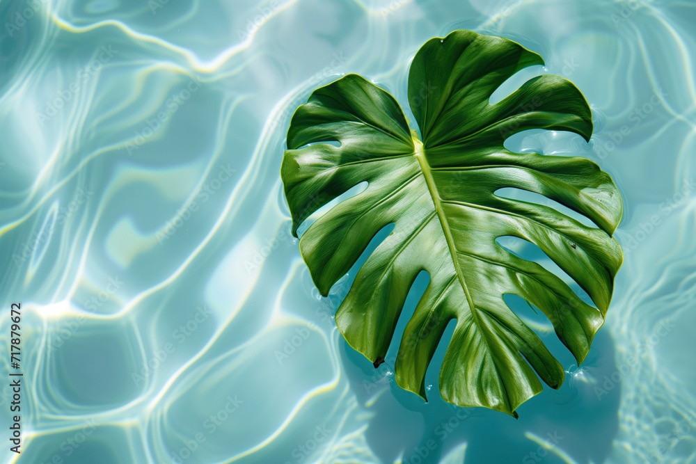 Poster monstera leaf floating in the pool. background image. created with generative ai technology