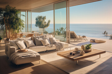 Fototapeta premium Seaside Retreat Lounge with Stylish Chairs and Scenic View from Home's Window