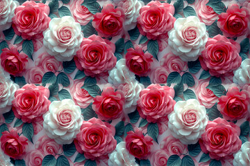 Floral background of pink and white roses with a seamless repeat and fully tileable display of flowers
